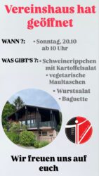 Sonntag, 20.10 Vereinshaus hat geöffnet