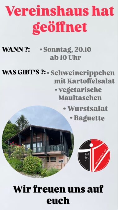Sonntag, 20.10 Vereinshaus hat geöffnet
