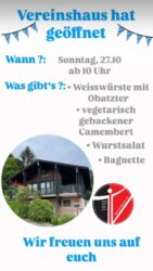 Sonntag, 27.10 Vereinshaus hat geöffnet