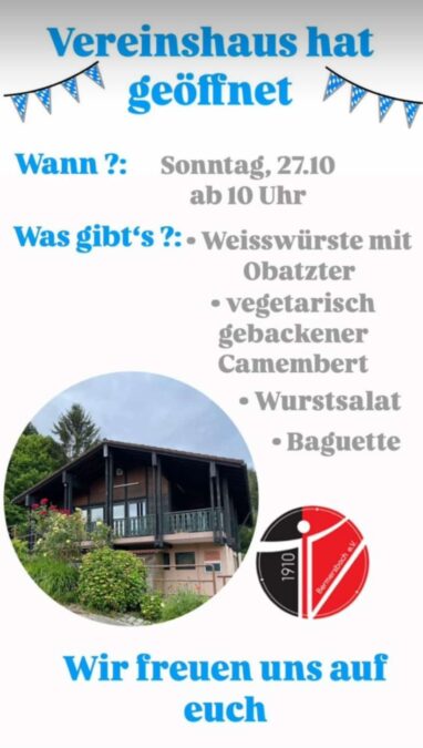 Sonntag, 27.10 Vereinshaus hat geöffnet