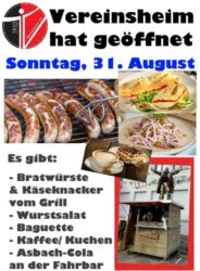 Vereinshaus am Sonntag, 31. August geöffnet