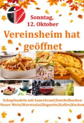 Vereinshaus am Sonntag, 12.Oktober geöffnet