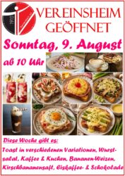 Vereinshaus am Sonntag, 09. August geöffnet