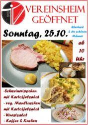 Vereinshaus am Sonntag, den 25.10 geöffnet