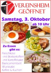Vereinshaus am Samstag, 03.10 geöffnet